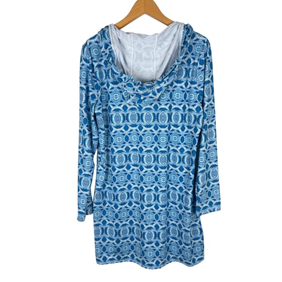 Cabana Life Blue Geometric Tile Hooded Swim Cover Up Dress Womens L Tassel - Picture 6 of 11